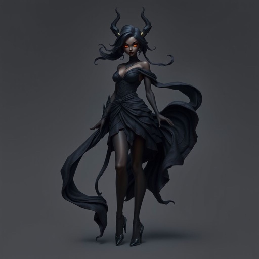 Create character hero Veyra of Shadows โ A lithe, mysterious black decent woman draped in layered black silks that move like smoke around her. With jet-black hair. Show her whole body head to toe including her shoes.