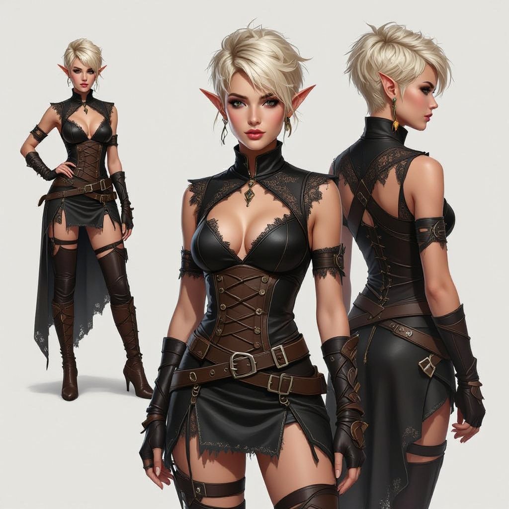 Blonde pixie cut Female High Elf Rogue Assassin in Black and Brown Shear Lace & Leathers and Skirt ripped and torn