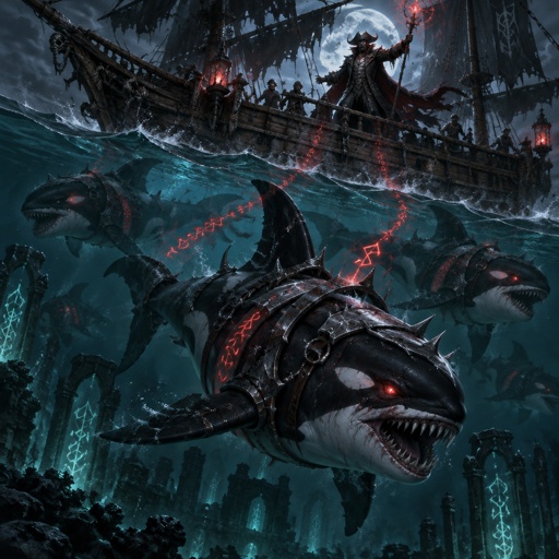 A super villain pack of killer whales/ mixed with prehistoric Megalodons, viscous hunters of the ocean and seas, controlled by whale hunter Ship-wreak.   
