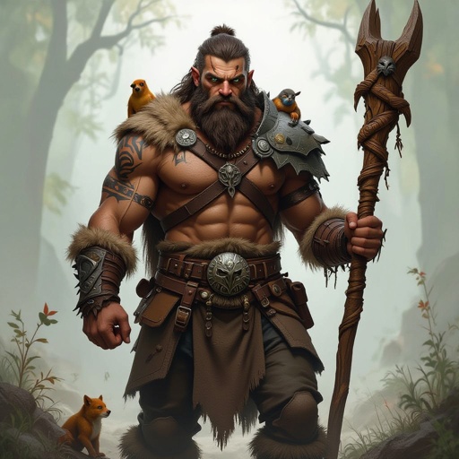 Kael the Beastbound – A rugged, broad-shouldered man with brown skin and a rough beard, wearing armor made from bone and leather. deep green eyes tattoos of animal tracks spiral down his arms. He carries a massive wooden staff carved with the shapes of beasts, and small creatures often perch on his shoulders or follow at his feet.