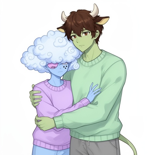 The girl has pastel blue skin cloud like hair that covers her eyes lavender purple blush pink volitgo on her left eye and two small black freackles on both of her cheeks SHES wearing a lavender purple sweater and SHES hugging a boy with cow horns and cow ears HES got chocolate brown hair with the same color eyes and light moss green skin with his mint green sweater HES taller than her with grey sweat pants 