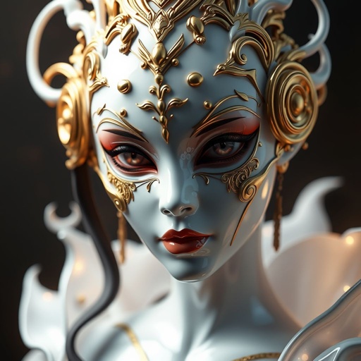 A porcelain mask with gold accents in the design of a face