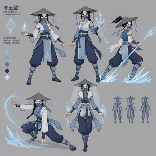 Female superhero with ice powers, mask, Asian , Chinese coolie hat, pants, diamond in forehead, multiple of the same character 