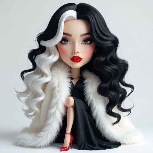 A model with black hair on one side and white hair on the other her hair is beautiful she has a black silk long gown with red heels and a white fur coat 
