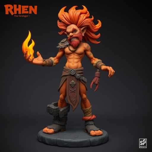 Create a character: battle hero Rhen the Fire-Singer – A lean, muscular man. Show him head to toe including his shoes.