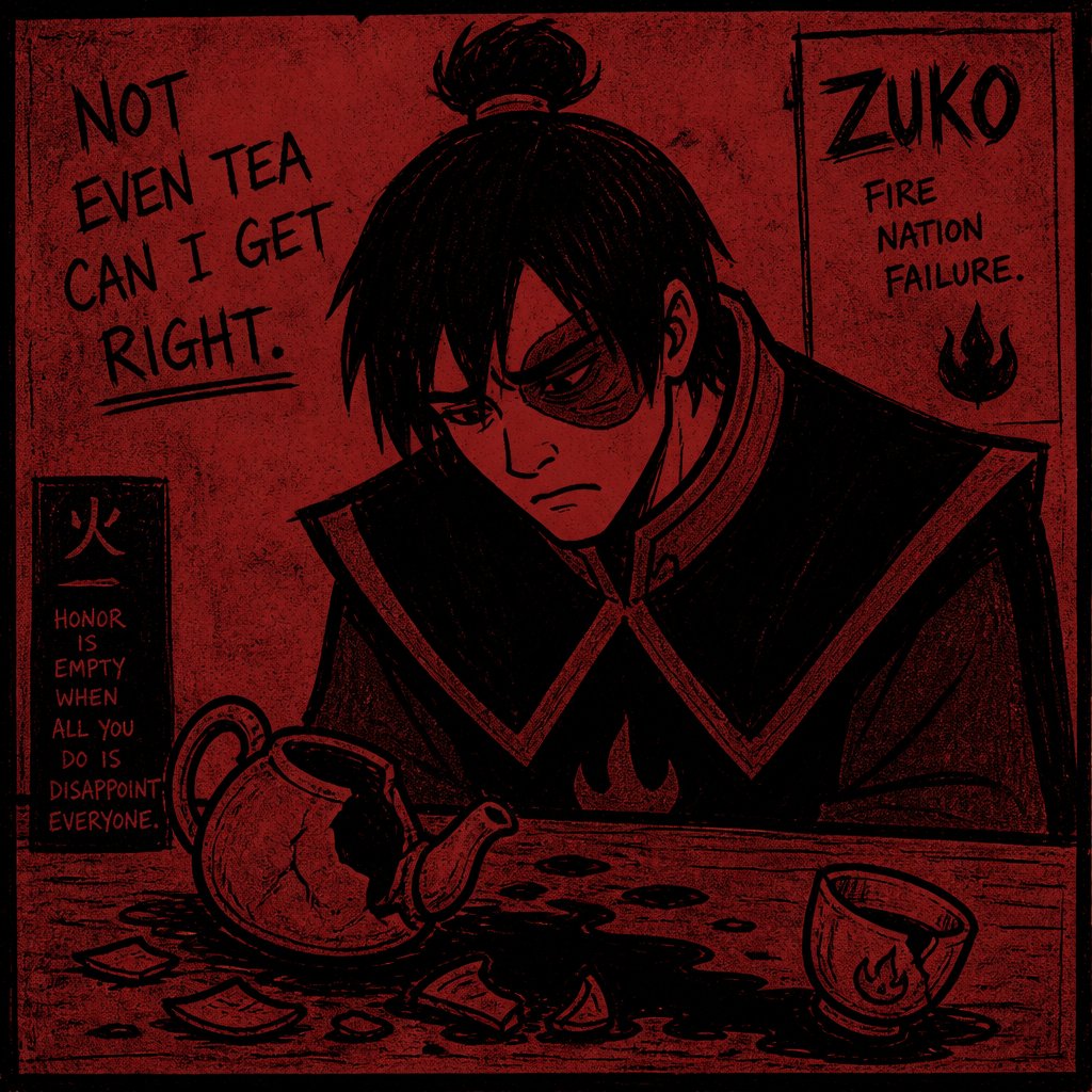 Zuko from avatar the last airborne messing up making tea and sad