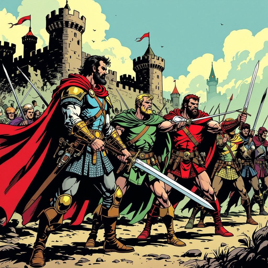 A historical world with kingdoms with some men having swords drawn