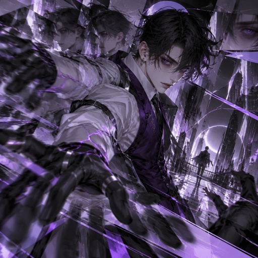Male, slim, slight eye bags, black messy hair, back hair, brushed side hair, strands of hair in the middle of forehead, ear piercing ring, gloves, purple glowing veins, purple vest, white shirt, no facial hair, bad guy,