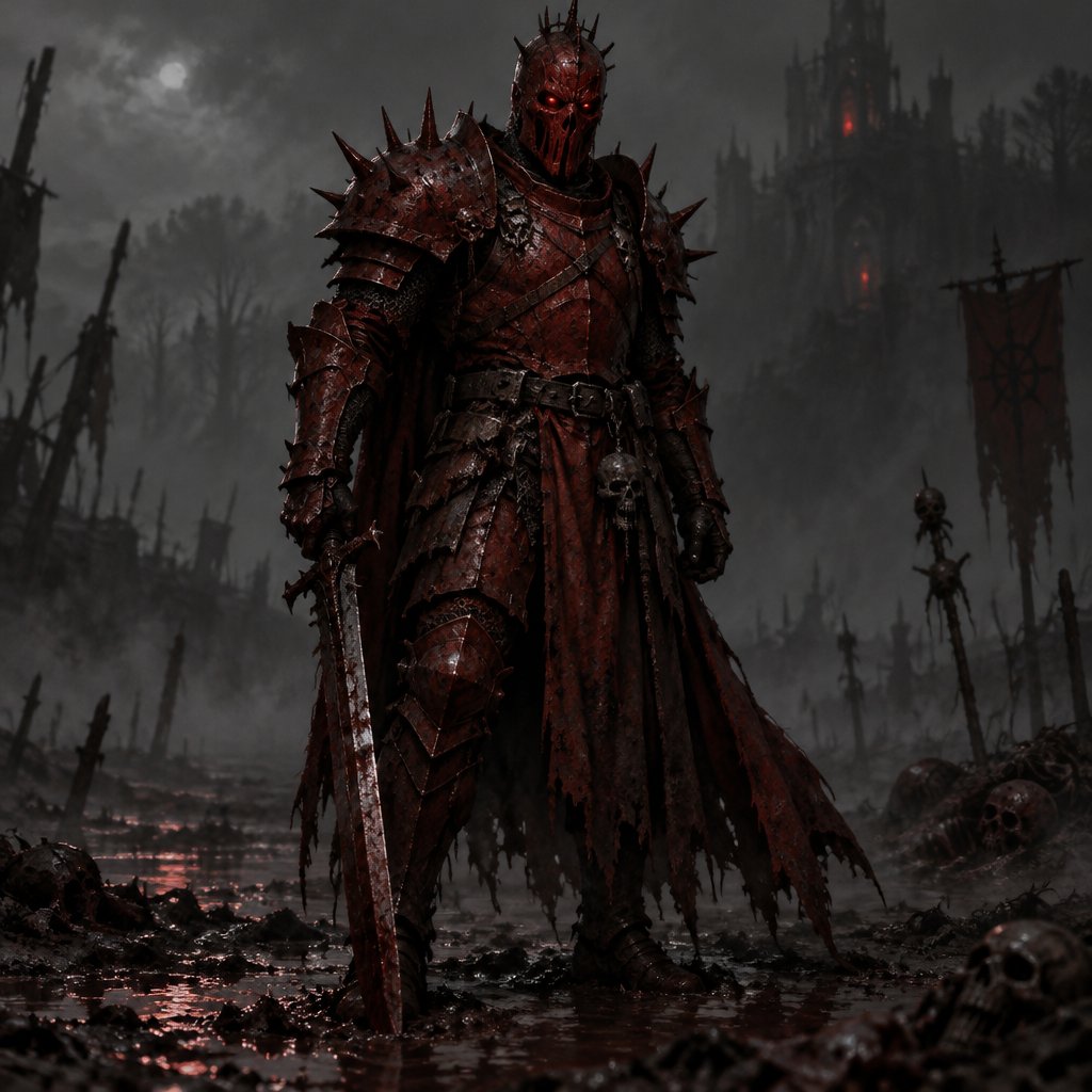 A man in blood red armour with spikes on his pauldrons and a red, horrifying mask