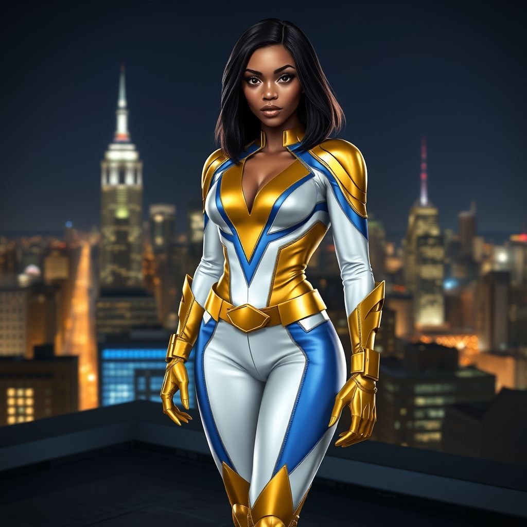 A young African American female superhero with shoulder length hair in a side part style wearing a gold and white suit made of a leather like spandex material with blue accents with white pants and gold boots with a stylized V as her chest emblem standing ona roof in a Philadelphia at night
