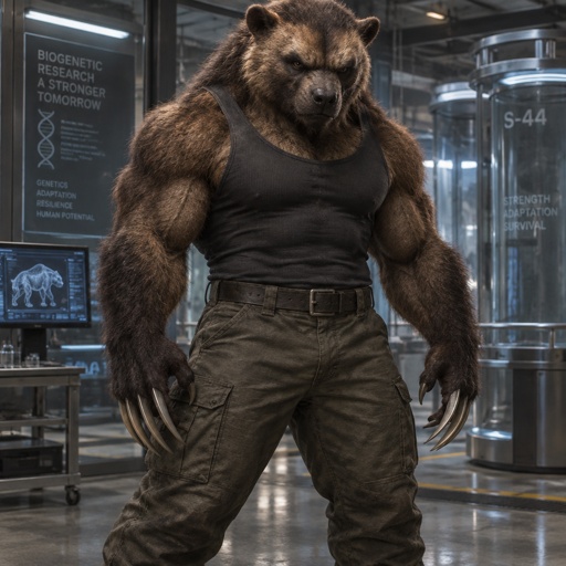 A wolverine, mixed with a grizzly bear. Muscular build, pants and muscle shirt. Created in the labs of the Dark Huntress. 