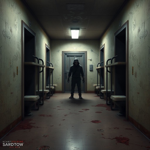 Create this background hall inside was dim, paint peeling in sheets. A metal door led to the cell block.  Six cells, all empty. A cracked toilet in each. Rusty bunks, stale air, dust everywhere. No character just background 