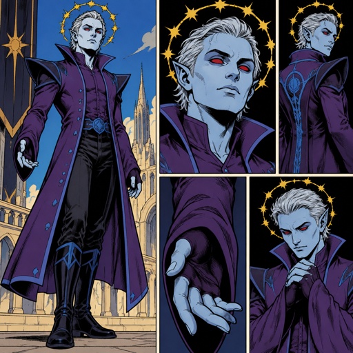 Male, short brushed back silver hair pointy, light blue skin, completely full red eyes, halo of gold stars surrounding head, purple long coat buttoned up, purple shirt and collar, shirt sleeves over palms, tall boots, black pants, blue details on clothes, pointy shoulder pads dark purple
