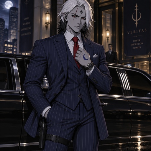 Male, grey skin, cheekbones, pointy ears, black eyeballs red iris, scar across one eye, white shoulder length hair black tips, black symbol on forehead, half blue moon on back of hand, earpiece, gun holster on leg, wristwatch, pinstripe blue suit, red tie, serious, standing in front of limousine 