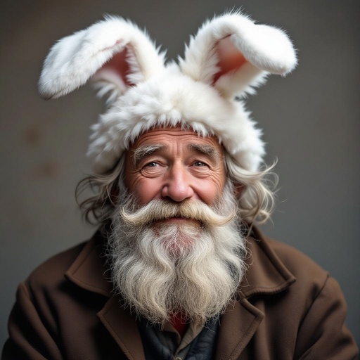 A old man with a beard and white rabbit ears 