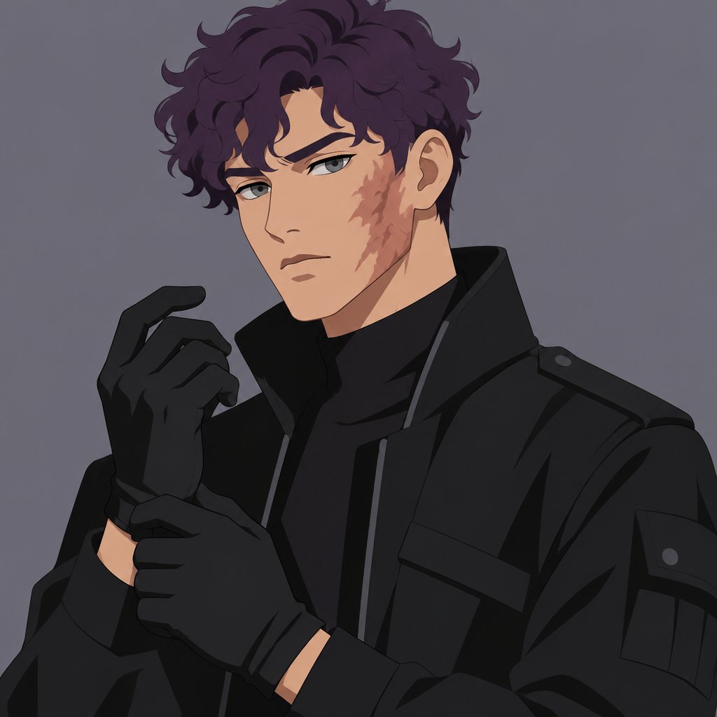 Male, short curly purple hair, burn scar on right cheek, grey eyes, black jacket, gloves