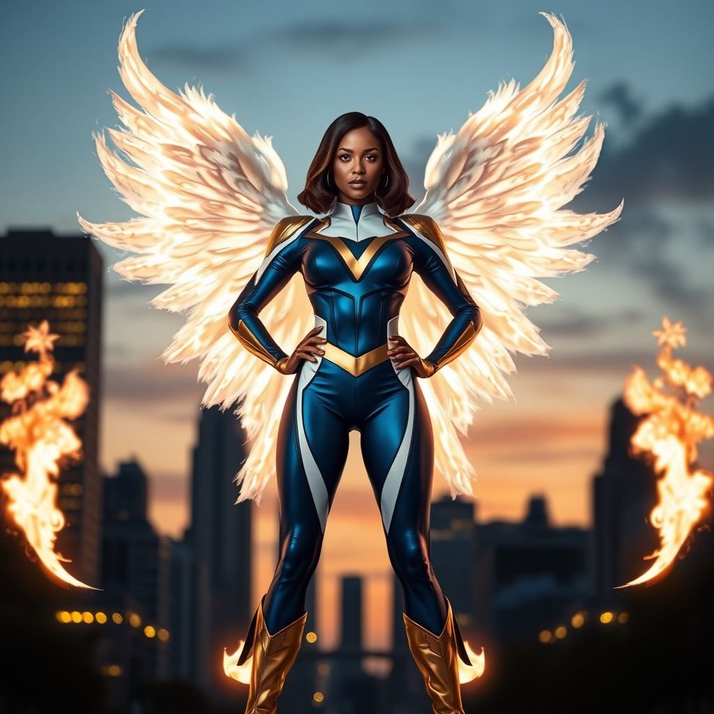 African American female superhero with shoulder length hair in a side part style and wings made of white fire  wearing a slightly homemade  white blue and gold suit with blue pants with a stylized V as her chest emblem wearing gold flat boots made of gold standing in Philadelphia at dusk