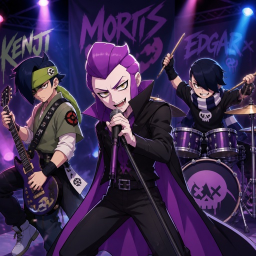 Kenji Mortis and Edgar from brawl stars, kenji playing guitar, Mortis singing, Edgar playing drums, in a band