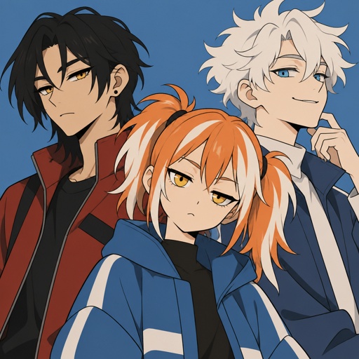 Female, yellow eyes, orange and white messy pigtails, short, wears blue, one droopy eyelid, Male, Asian, neck length black hair, yellow eyes, eyeliner, wears red casual clothes, small mouth, Male, fluffy white hair, big blue eyes, long smile, snobby, wears blue, 