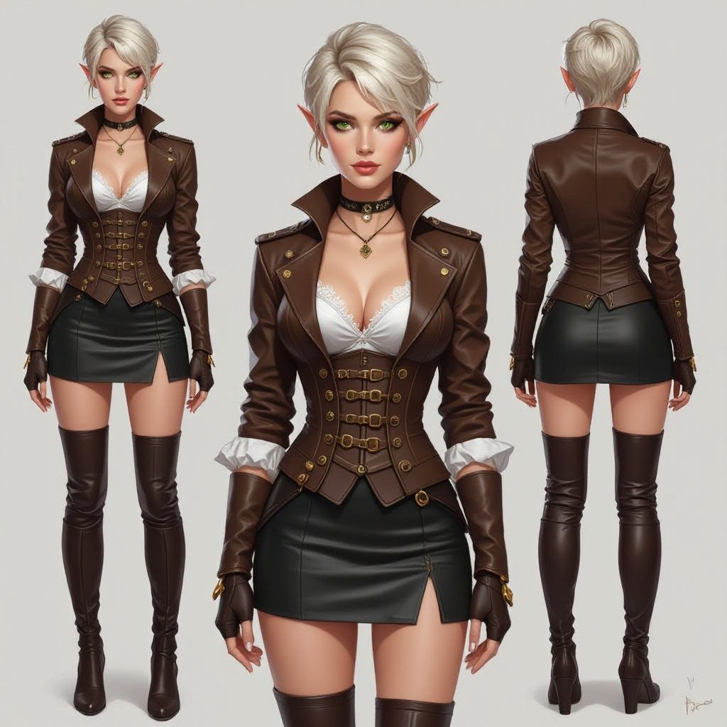 🎨 Ffionna Baelyn — Fitted Leather Skirt Correction Prompt  Semi-realistic fantasy portrait of Ffionna Baelyn, a female High Elf rogue assassin with a slender, athletic build. She has a short blonde pixie cut with layered texture and side-swept fringe, fair ivory skin, and sharp green eyes with faint gold flecks. Her cropped brown leather jacket, cut at her chest, is structured with brass buckles and a corseted waist. Beneath it, she wears a fitted silver-white lace underdress visible only at the neckline and sleeves — no lace or fabric extends around her waist or legs. Her black-brown leather skirt is short, tight-fitted, and form-contoured around the upper thighs, with no loose or layered panels anywhere. It follows her body cleanly, built for agility and stealth. She wears fingerless gloves and thigh-high strapped boots. Lighting is soft and cinematic, neutral background, full-body to shins, proportioned to the 8-heads rule. 