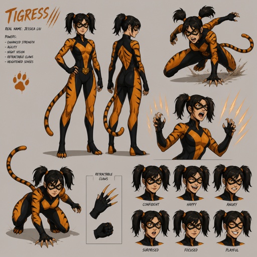 Female superhero with tiger powers ,pigtails, mask, multiple of the same character 