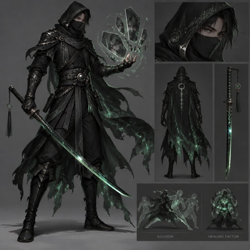 assassin green shiny cosmos color mostly black, healing factor, illusionist, katana