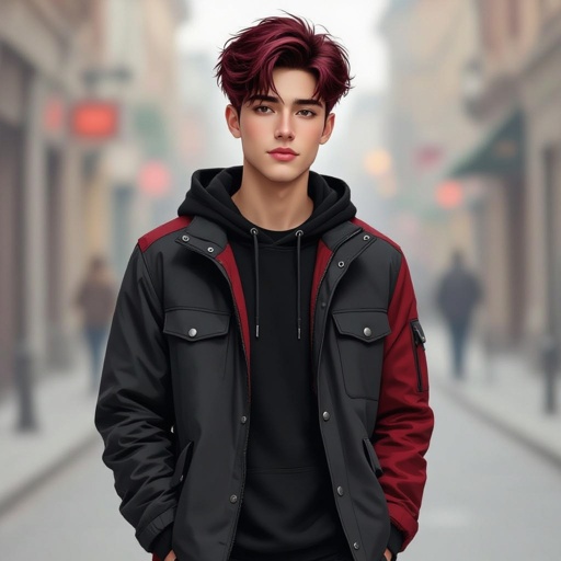 Male 18-year old no beard  dyed dark red hair dark grayish and red and black clothes  slightly chubby cheeks