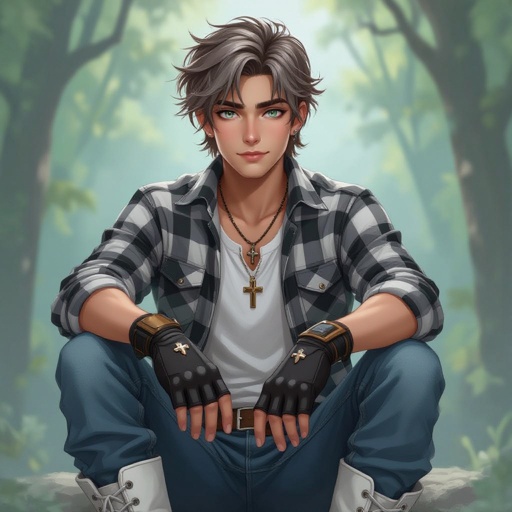 A 20 year old guy with grey eyes, light brown hair styled in a loose undercut modern curtain, wearing white airforce shoes, white socks, a white under shirt with a grey, black, and white plaid shirt with blue jeans, hands are black open fingered gloves, cross necklace