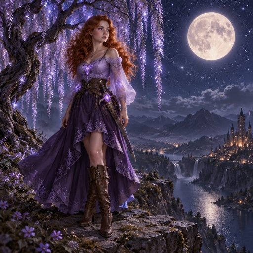 Young woman, long curly ginger hair, purple eyes, light purple top, dark purple skirt reaching to the knees where the back is longer than the front, brown boots, sword on her waist, standing on a cliff, night, full moon, stars, weeping willow