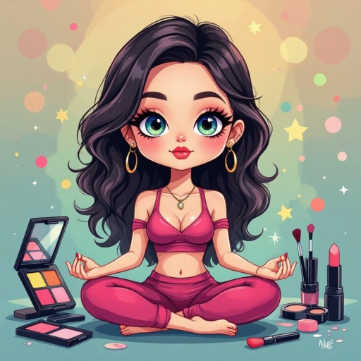 Create a chibi character mid 30’s lady who is the meditating with makeup stuff