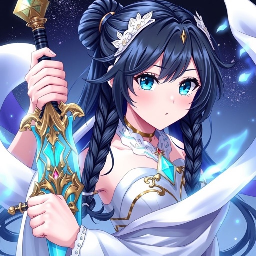 A young female with fair skin and vibrant aqua eyes. Black hair with cyan tips in the form of two braids. Wearing a royal goddess two piece outfit holding a small but legendary sword