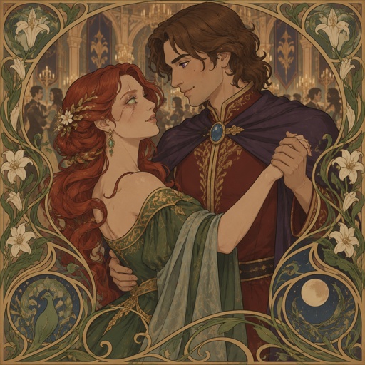 A princess, red hair swooped more on the right side hair is not blowing ,green eyes, right eye is scar and blind, she is wearing a green beautiful princess dress with golden rims on the bottom of dress, earrings, A prince, brown hair down to his neck, part of his hair is dropping down the right side of his head covering his eye a little more, beauty mark on right side cheek, cheekbones, purple eyes nice eyelashes,three earrings, multiple rings done with diamonds some jade some just golden, wearing a purple cape with a blue circular jewel with a gold rim around it on the left side of his cape, red shirt with a golden rim from the collar down the shirt, sleeves are folded with golden rim around it and in the middle the sleeves three buttons in the middle of sleeves, there dancing in the ballroom looking at each other 