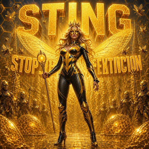 a woman in a yellow and black outfit standing in front of a golden background