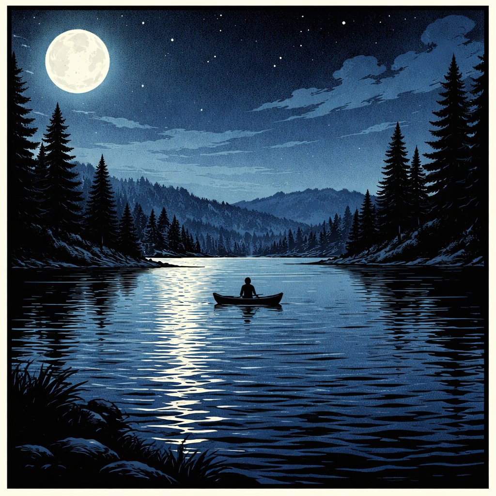 A Lake in the moonlight the moon is not in the centre of the picture, but at the top left, surrounded by pine trees in the distance, there’s a tiny silhouette of a canoe with a person in it. No speech bubbles.