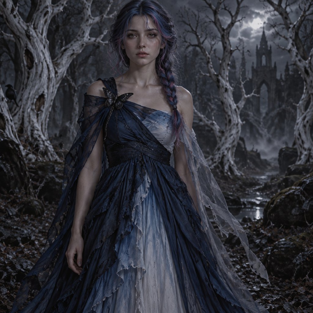 A 17 year old girl who has blue hair with pink and purple stripes and hazel eyes. She is wearing a dark blue dress that has layers. The inner layer is a lighter blue that fades into a soft white. There’s no strap on her left side. The top comes together at her right side and is held together by a blue butterfly which had a prince of clear fabric hanging from it. Her hair is in a low brain that hangs over her shoulder. She stands in a forest surrounded by white trees. She’s facing at the screen.