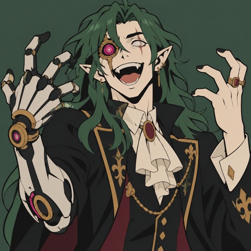 Male,green long hair,one pink robotic eye the other eye is blind,pointy ears,extremely excited,pale skin,fancy, robotic arm