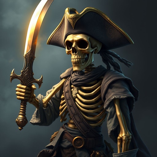 A gold skeleton pirate with a cutlass