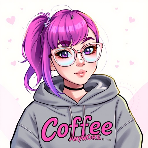 Draw me a profile picture Username: PinkOrchidsGaming I have Half Pink (Right) Half Purple (Left) Hair, A nose piercing on my left side and i wear glasses that are see through pink My Signatures: A gray Hoodie that says “Coffee” but the ‘O’ is a coffee cup My catch phrase is “AnyWHORE..” My favorite color is pink and i want the background to resemble an Angel Dust vibe (Character from hazbin hotel)