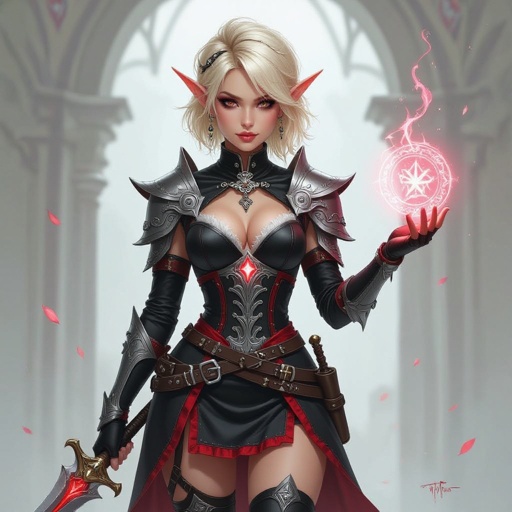 Blonde Pixie Cut High Elf Fantasy Cleric Assassin black and Red mini skirt 