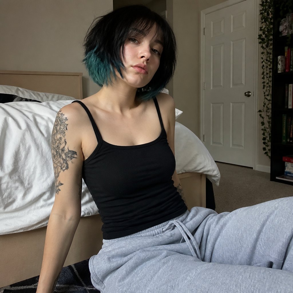 Adult girl with short black hair with teal tips wearing baggy sweatpants and a black tank top
