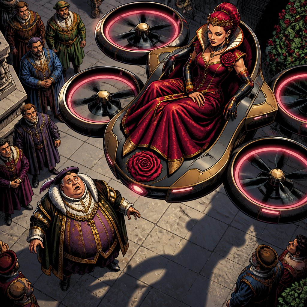Vivid colors, highly realistic no speech bubble no print dots. A large drone capable of carrying a person is hovering about 5 feet from the ground sitting on it and Renasant Rose is a very fat man on the ground are several observers also dressed in renaissance robes we see this from an angle above the fat man and the drone highlights and skin tones and depth in imagery
