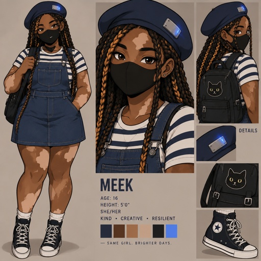 Meek, a 16-year-old Black girl. Noticeably shorter height. Fuller figure with soft curves—full thighs, rounded hips, soft rounded belly visible, fuller arms and chest. Long dark braids with golden copper highlights throughout. Rich warm brown skin with visible lighter vitiligo patches on cheeks, forehead, neck, and upper arms. Dark brown expressive eyes, fuller lips, calm kind expression. Wearing navy denim overall dress (fitted, form-fitting), white and navy striped short-sleeve shirt underneath, navy beanie, black high-top sneakers with white trim. Black face mask covering mouth and nose. Navy beret on head with silver metallic rectangular block on the side (blue glow on the tech element). Black backpack with cat patch design. Front-facing standing pose, confident natural stance, looking at camera.
