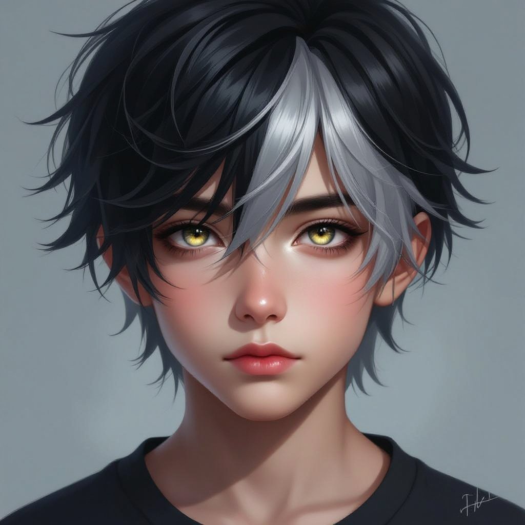 Black and silver hair boy with silver/goldish eyes and mysterious who no one understand 