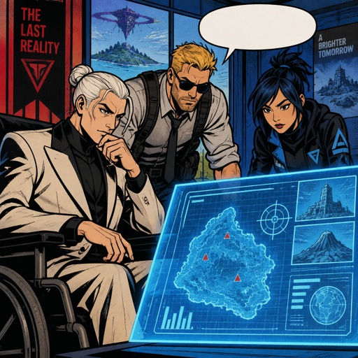 Kado Thorne from Fortnite medium length white back hair bun pale skin, in a wheelchair, jones from Fortnite stubble and sunglasses, hope from Fortnite all looking at a holographic screen