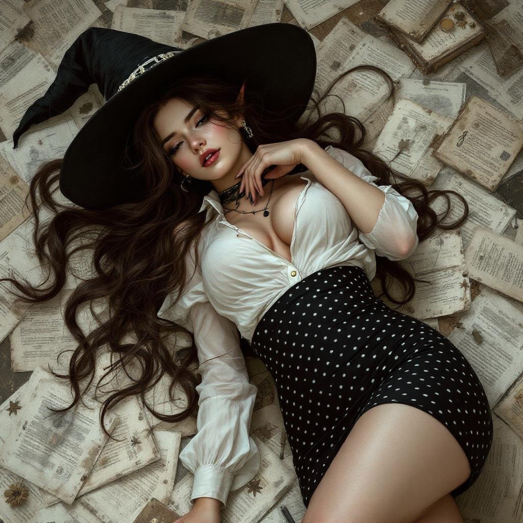 Brunette Elf Wizard Librarian with Long brunette hair in a tight black and white polka dot mini pencil skirt and a white open blouse and a witches hat. She is lying on the floor drunk.