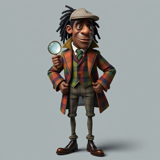 Create a funny character similar to Sherlock Holmes, but make him of black decent and with dread locks. Show his whole outfit including his shoes.