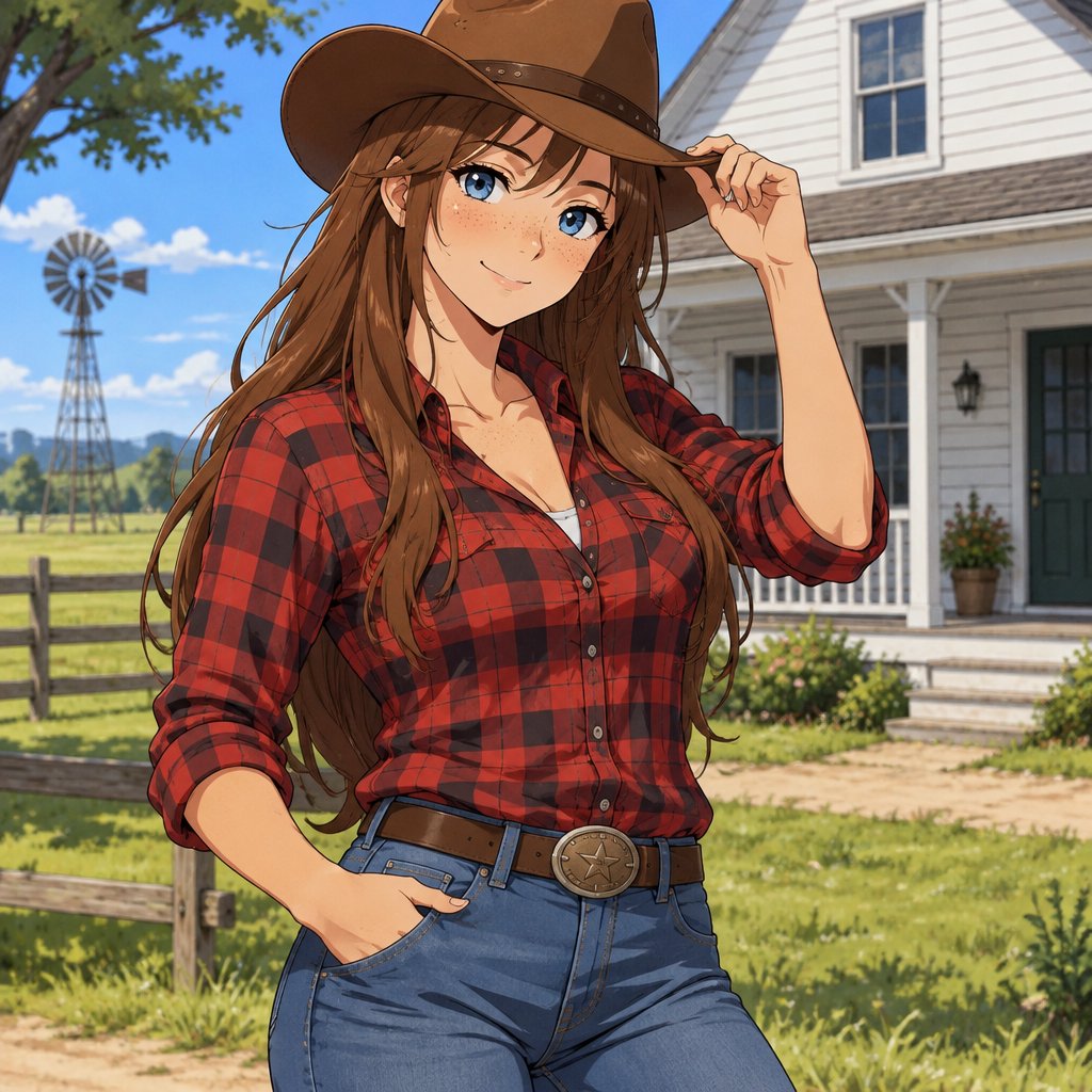 A woman, flannel, cowboy hat, jeans, farmhouse, long brown hair, freckles, blue eyes,