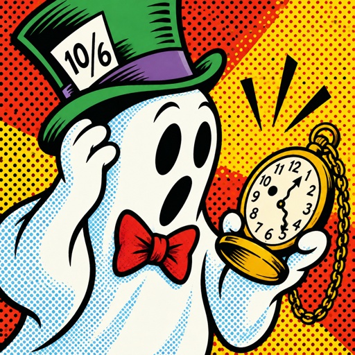 A ghost with the mad hatter hat on is checking his pocket watch that is going crazy