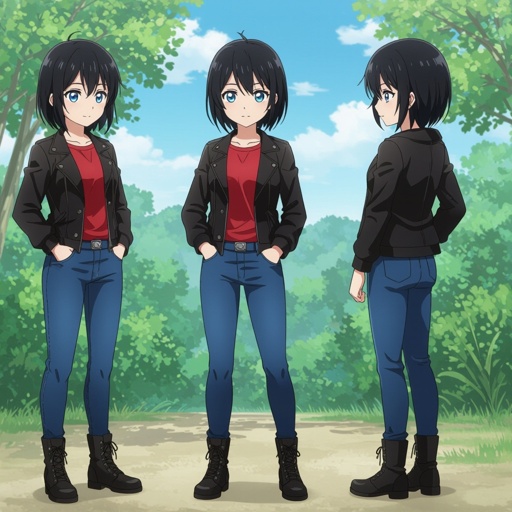 Luna is 14 years old, with short black hair. Bright blue eyes. Red t-shirt. Black Jacket. Standing up Blue jeans. Black boots. Hands in pockets