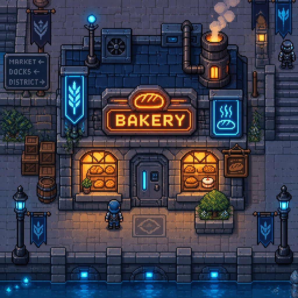 Bakery for a fantasy game set in futuristic times, exterior, top-down style,